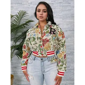 Women's Floral Print Collared Crop Varsity Jacket, Casual Long Sleeve Outerwear for Spring & Fall, Ladies Clothes for Daily Wear, Coats, Button Front Jacket��gift��