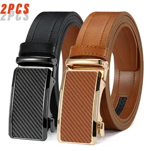 Men’s double-pack leather belts with automatic buckles, featuring adjustable buckle heads available in gunmetal gray and gold finishes; these belts are durable and suitable for various occasions, making them an excellent gift for Valentine’s Day and Fathe