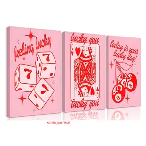 3-Piece Set / Pink “Good Luck” Canvas Wall Art: Pink Dice Wall Decoration, Queen of Hearts Playing Card Poster, Lucky Number 7, Vintage-Style Artwork, Fashionable Vintage-Style Decorative Art, 2D Flat Frameless