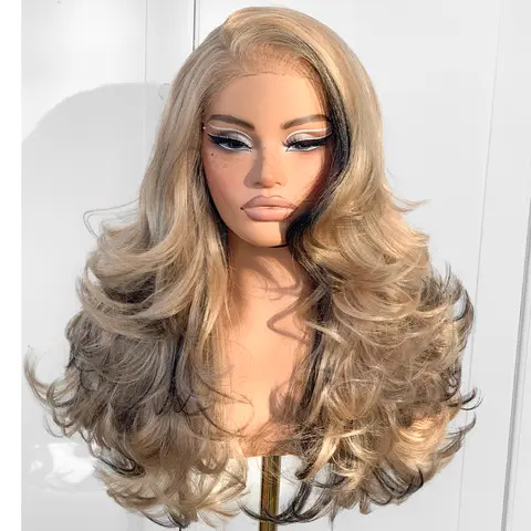 Feather Layered Hair Pre Plucked Cuting Style Long 13x6 Synthetic Lace Front Wig Wear and Go Glueless Natural Hairline With Bangs Butterfly Cut Choppy Layers Burgundy Blonde Black Wig Frontlace Wig Fashion Wig
