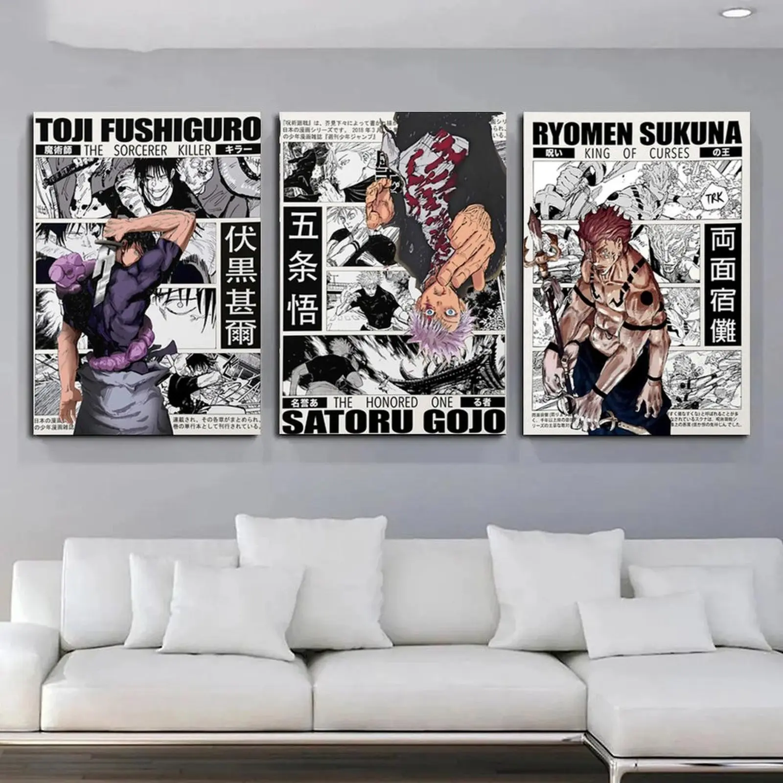 Set of 3 the newest ornaments Satoru Gojo Jujutsu Kaisen Anime Poster Print Artwork Home Wall Decor for Anime Fan Toji Minimalist Aesthetic Framed Poster