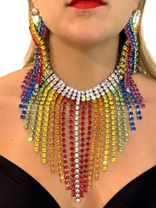 Exaggerated Colorful Rhinestone Necklace and Earring Set, Luxurious Rhinestone Tassel Jewelry for Glamorous Look, Perfect Gift for Women, Elegant Jewelry Set