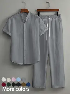 Two-Piece Set Men's Matching Plain Breathable Linen Set, Fitted Casual Short Sleeve Button Up Shirt & Pants Set for Summer, Men's Clothes for Beach Vacation Outfit