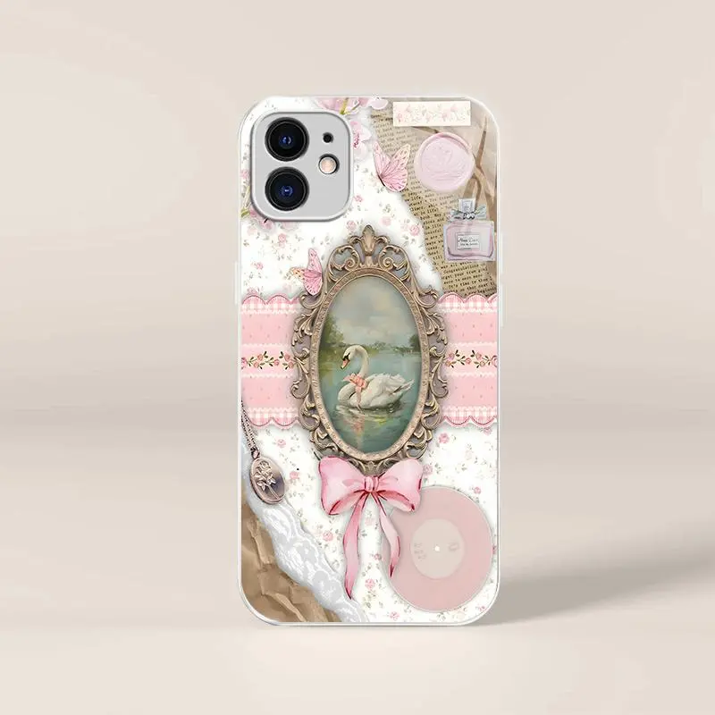 Coquette aesthetic vintage swan and pink bow case for iPhone 11, cute fairycore floral phone cover, TikTok viral — 975