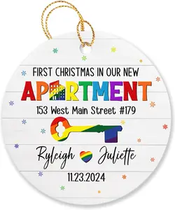 Personalized Lesbian Pride LGBT Rainbow New Apartment Ornament 2024 1st Xmas, First Christmas in Our New Apartment Ornaments Custom Names/Date/Address, Mr & Mr Or Mrs & Mrs Ornament Gifts for Wedding, First Christmas in Our New Apartment Ornament