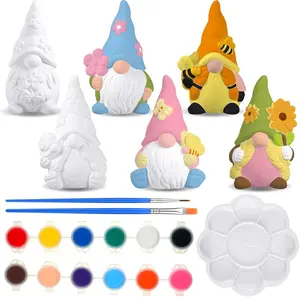6 Sets Ready to Paint Your Own Ceramic Gnome Statues Spring DIY Unpainted Ceramics Gnome Figurines Kit Drawing Figurines DIY Art and Craft with Brush Palette Paint for Adult