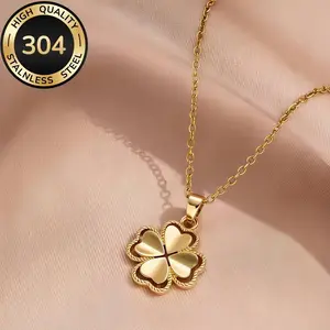 18K Gold Plated Clover Charm Necklace - Hypoallergenic 304 Stainless Steel Fashion Costume Jewelry Accessory
