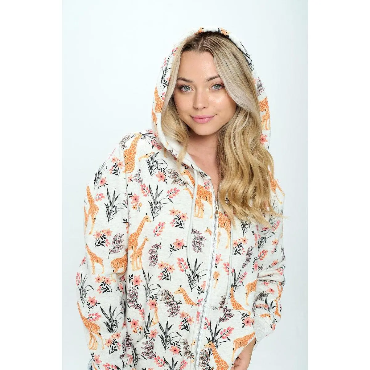 Giraffe and Floral Print Zip Up Hoodie