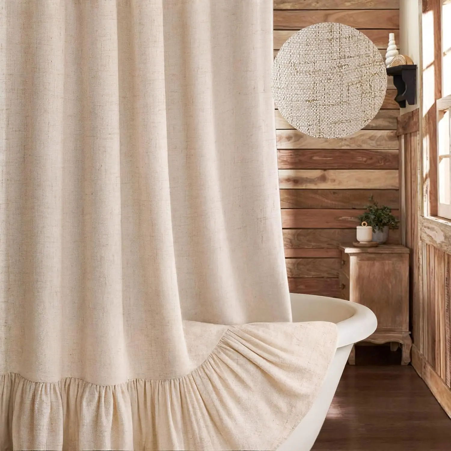 Ruffled Linen Shower Curtain - Farmhouse Beige Bathroom Curtain with Ruffle Hem, Boho Rustic Natural Fabric, 72" W x 72" L, Ruffled Shower Curtain