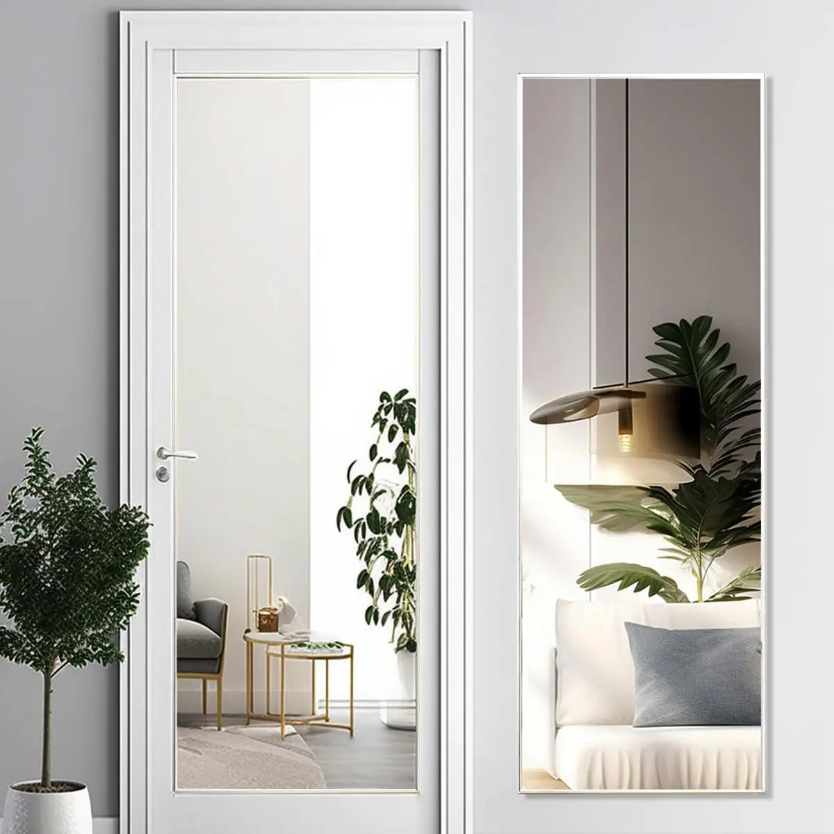 14"*48" Door Mirror,Full Length Mirror, Over The Door, Wall Mirror, Thin Frame, Aluminum Alloy, for Bedroom, Living Room, Entryway -White