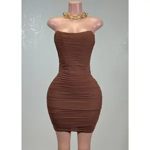 PEYTON BROWN MESH RUCHED BODYCON MINI DRESS