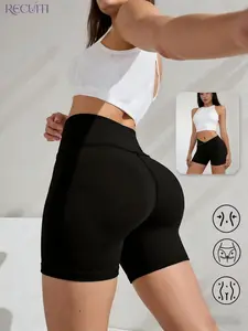 RECUITI  Women's Mid-Waist High Elastic Yoga Shorts, Athleisure Shorts, External Stitching Design, V-Shape Waist, Casual Sporty Compression Pants