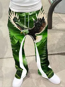 Men's Loose Fit Geometric Print Eagle Long Pants Pockets, Casual Fashion Trousers, Casual Sporty Streetwear, Hip Hop Vintage Style, All Seasons Fashion, Flared