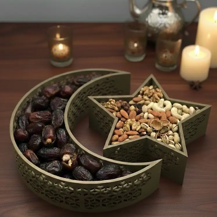 Ramadan Moon and Star Tray Set, Islamic Geometric Table Decor, Ramadan Mubarak Gift, 3D Printed Crescent Moon Dish, Iftar Party Centerpiece