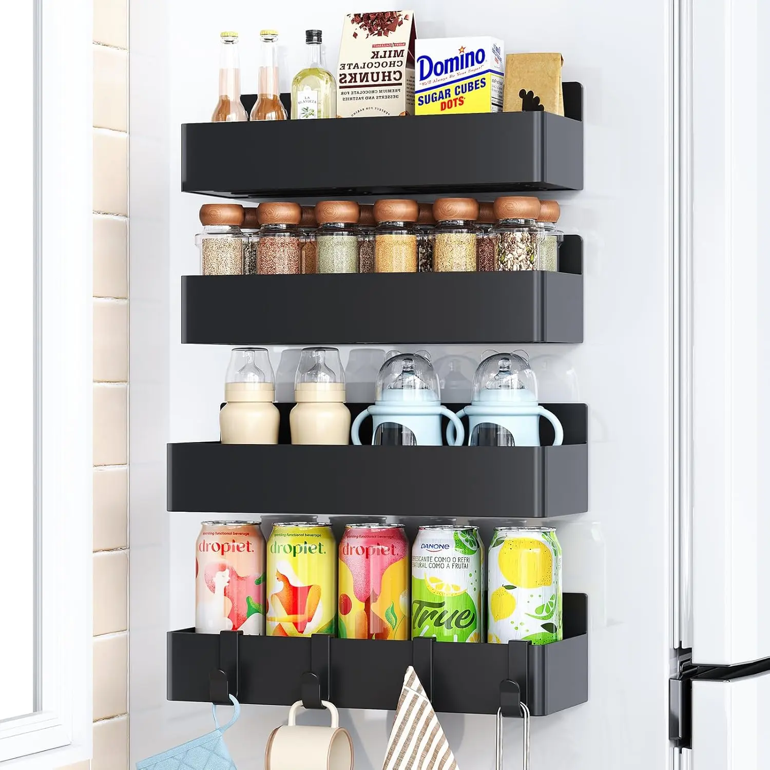 Movable Storage Rack Magnetic Refrigerator Organizer , Strong Magnet Fridge  Shelf for Kitchen, No Drilling Spice , Space Saving Metal Holder for Condiments & Jars (2 Pack / 4 Pack)