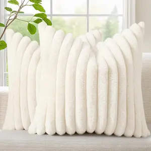 Summer Cozy Faux Fur Throw Pillow Covers 18x18 Set of 2 Decorative Soft Plush Striped Modern Farmhouse Boho Couch Pillow Cases with Velvet Back for Sofa Bed Living Room, Cream White