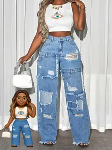 Plus Size Women's High Waist Denim Jeans - Trendy Patchwork Distressed Loose Wide Leg Pants, Tummy Control, Soft Breathable Fabric, Multi-Pockets, Durable Wrinkle-Resistant (Sizes 0XL-4XL) sydney  sweeney  jeans  ad Womenswear