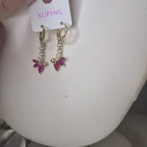 Xuping Pink Earhoops Earrings Laminated Gold with Ruby Accents and Elegant Design