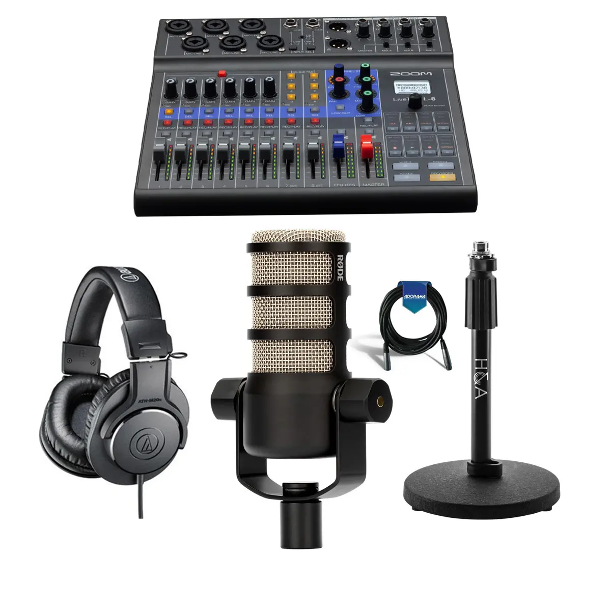 Zoom LiveTrak L-8 Portable 8-Channel Digital Mixer and Multitrack Recorder - Bundle with Rode Podcasting Microphone with Swing Arm, ATH-M20x Pro Monitor Headphones, HA Tabletop Mic Stand,