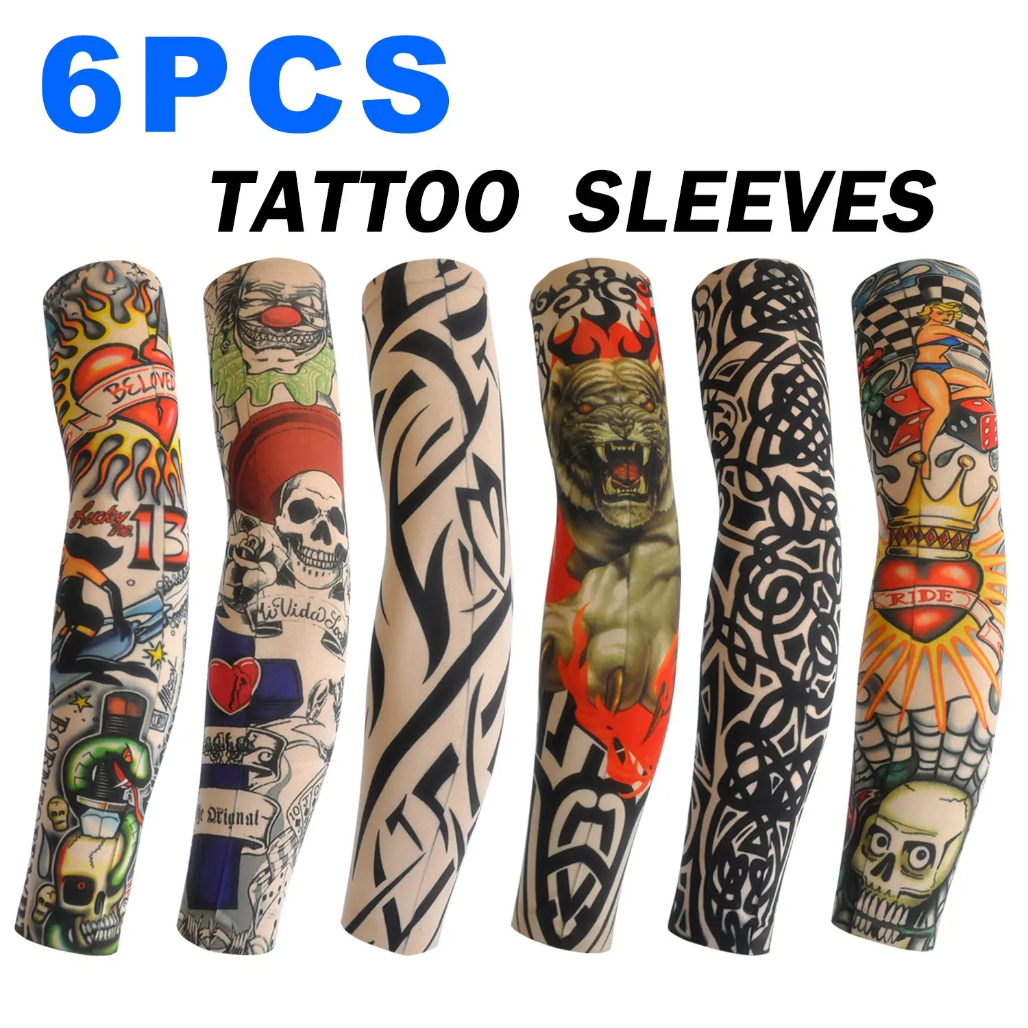 6-piece set of floral tattoo arm sleeves, seamless outdoor cycling tattoo sun protection sleeves, suitable for outdoor sports, UV protection, unisex