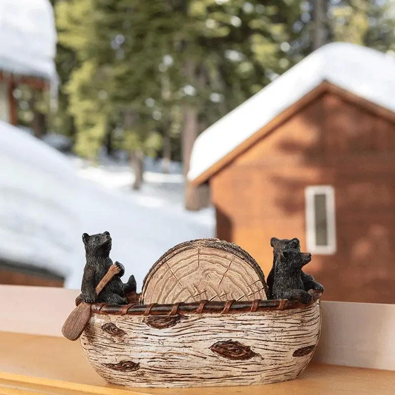 Bear Coasters Set of 6 Full Size Rustic Wooden Coasters for Drinks in Handmade Canoe, Adorable Bear Figurines, Perfect for Log Cabin Decor Home