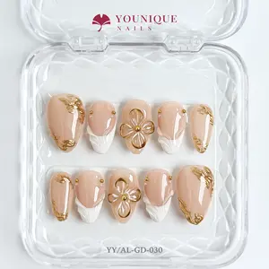 Younique Nails 2025 | Short Almond Nails Collection | 10PCS 100% Handmade Press-On Nails | Reusable Colorful Art acrylic Luxury Pearls and Rhinestones Long-Lasting 3D