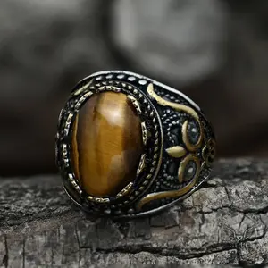 GTHIC Vintage Pattern Turquoise Tiger-Eye Stainless Steel Ring for Men Women Daily Wear Birthday Gifts