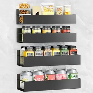 Spice Rack Wall Mount， 4 Packs Oversize Pantry Organization And Storage Rack Without Drilling - Black Large Adhesive Hanging Kitchen Spice Racks for Smooth Wall - Seasoning Rack