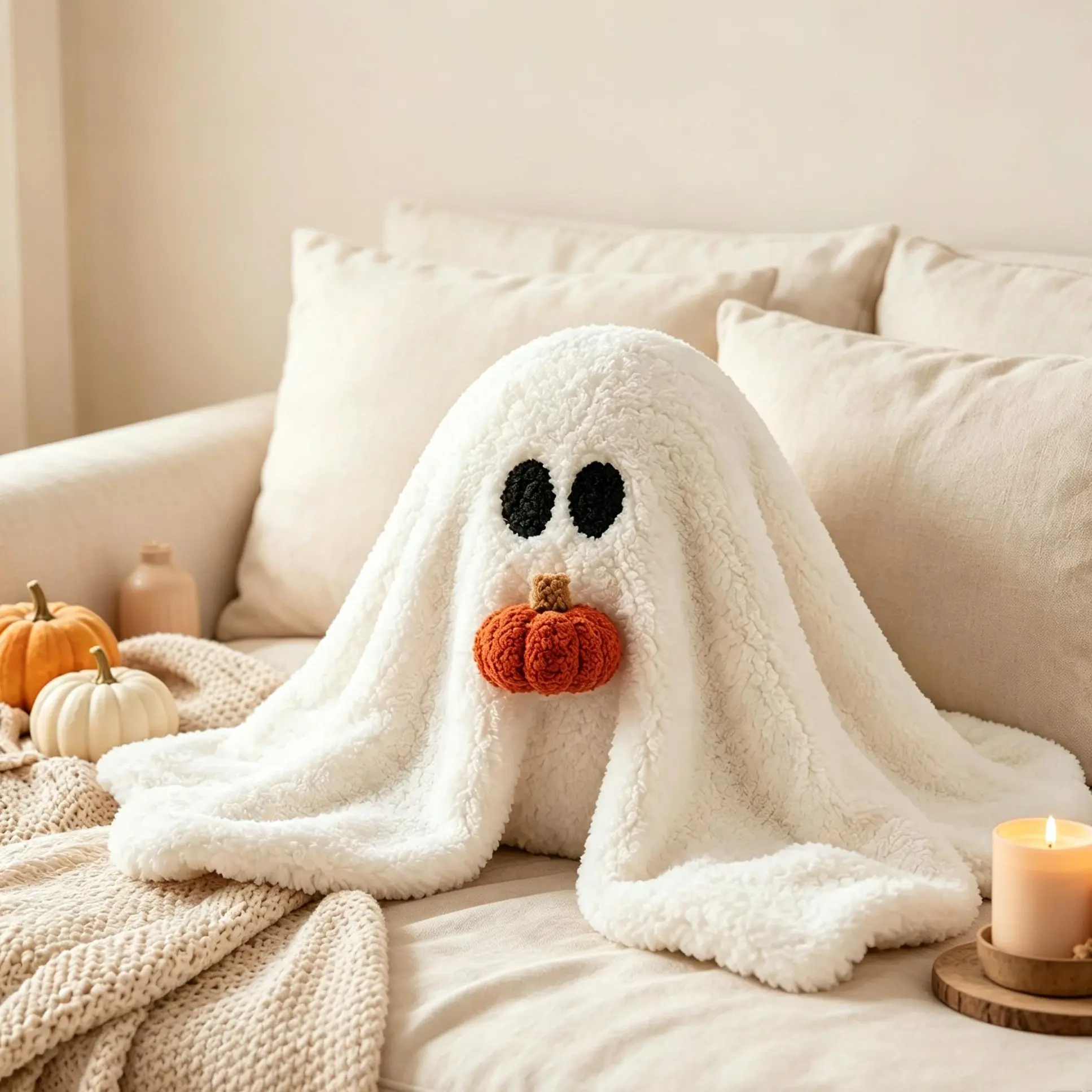 Cozy Round Ball Ghost Plush Pillow - Indoor Halloween Decorations, Soft White Sherpa Ghost Stuffed Pillow with Pumpkin, PP Cotton Fall Home Gift for Couch Bed