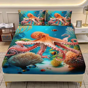 3-Piece Octopus Bedding Set, 3D Turquoise Theme Kids Boy Bed Linen, Bohemian Mandala Ocean Design, Microfiber