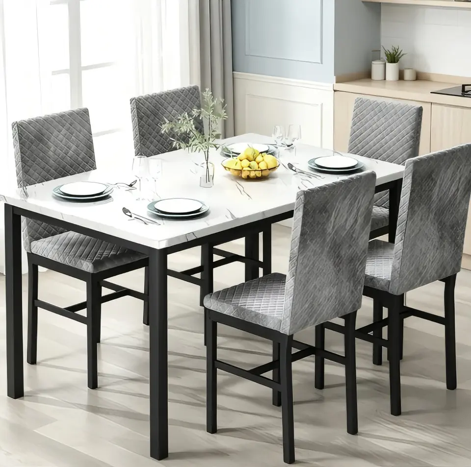 Modern Dining Table Set with 4 Gray Quilted Chairs and Marble Top for Contemporary Home Decor
