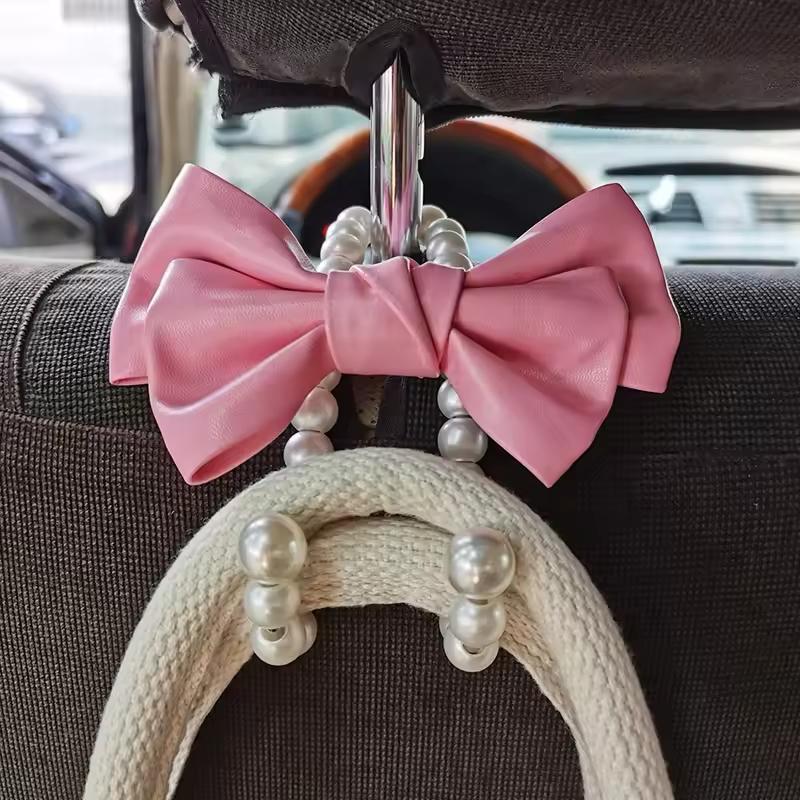 2PCS Car Headrest Hook, Pink Bow Pearl Seat Back Hanger, Universal Auto Organizer for Purse Bag Coat, Car Interior Accessories