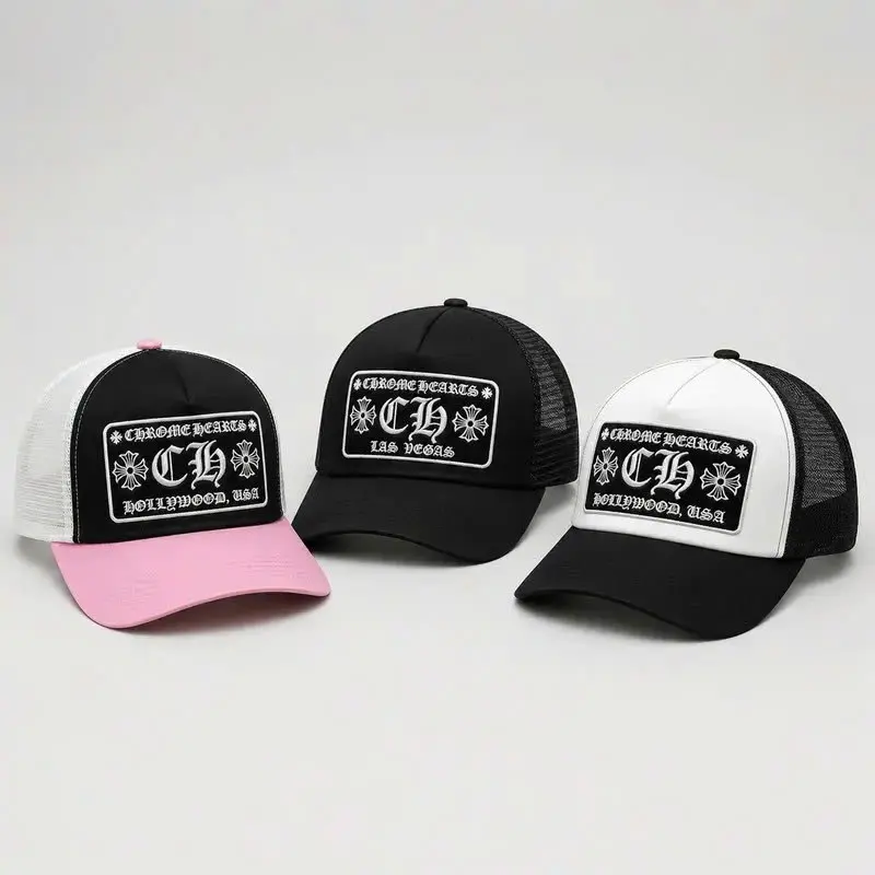 Chrome Hearts Trucker Hat for Men & Women – Iconic CH Graphic Patch Baseball Cap, Premium Mesh Back Snapback, Adjustable Streetwear Hat, Black White & Pink