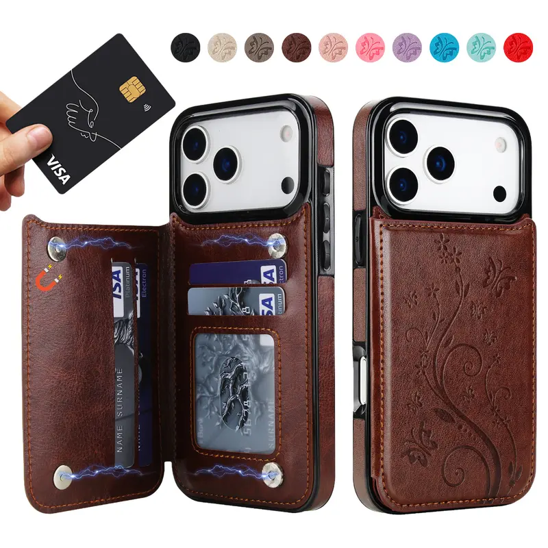 PU Leather Wallet Case for iPhone 18 Pro Max 17 16 15 14 Pro Max 13 12 11, Embossed Butterfly Floral Flip Phone Cover with 3 Card Slots, RFID Blocking, Double Magnetic Closure, Kickstand, Shockproof TPU Protection for Women