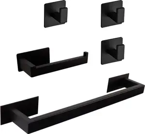 5 count Self Adhesive Bathroom Hardware Set-SUS304 Stainless Steel-Towel Rack Set Include 16Towel Bar+Toilet Paper Holder+3 Towel/Robe Hooks Bathroom Accessory (Matte Black, 16 in)