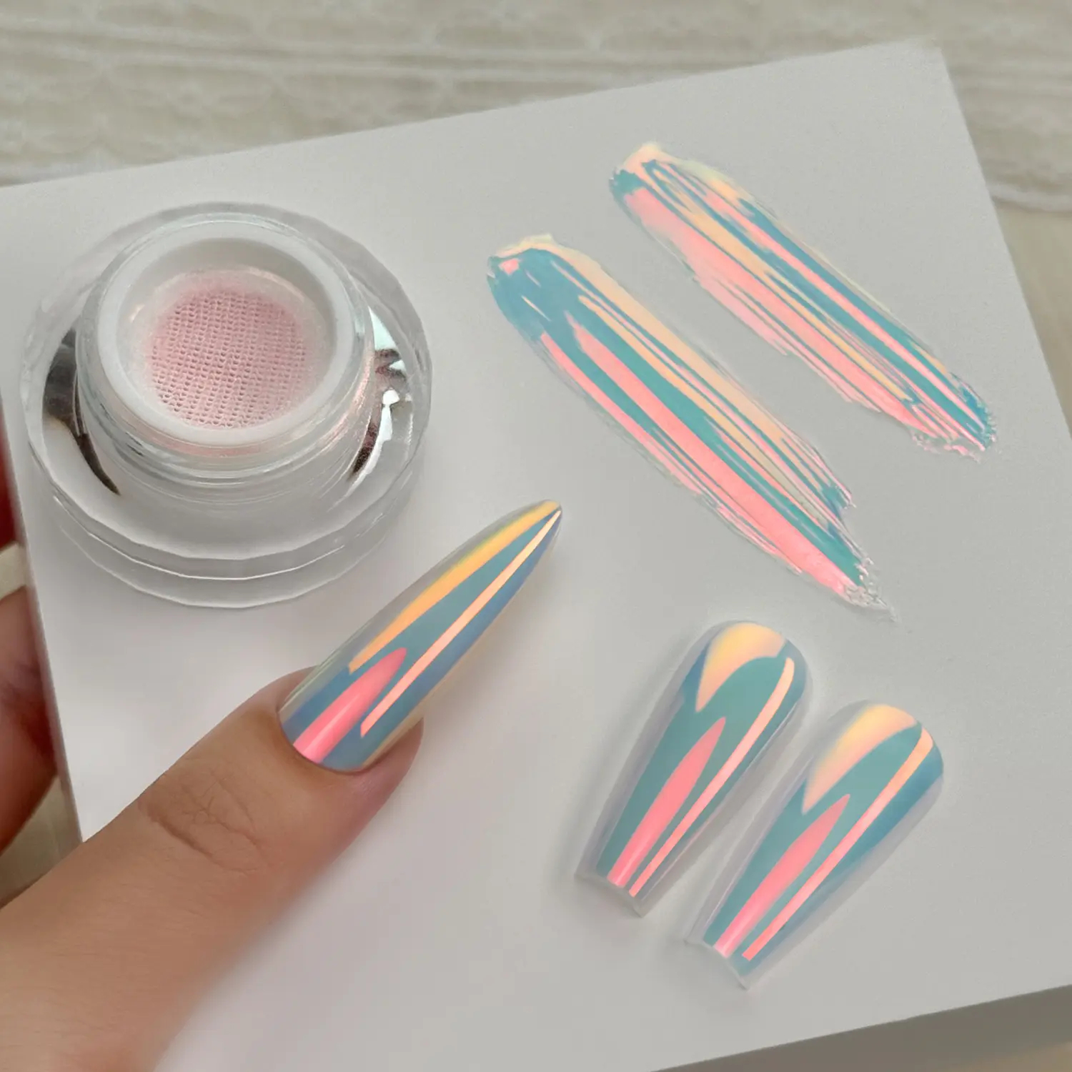 YOKEFELLOW GleamTap Cushion Aurora Chrome Nail Powder - Mermaid Aurora Effect ,Nail Art Glitter  Decoration for Home DIY Salon Manicure (GT111 Afterglow/Purple Blue with Coral Sheen)