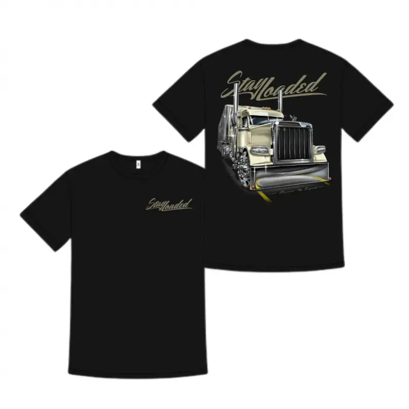 Men's Short-Sleeve 180g 100% Cotton Casual Round Neck Breathable Fabric Stay Loaded Truck Shirt, Heavy Haulin Semi Truck Graphic Apparel for Truckers, Road Trip Gift for Father's Day or Birthday