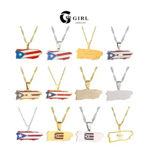GGIRL 18K Gold Plated Puerto Rico Flag Oil Drop Stainless Steel Pendant Necklace For Men and Women National Flag Map Series Pendant Necklace Fashion Black Friday Christmas National Enthusiasts Jewelry Gifts