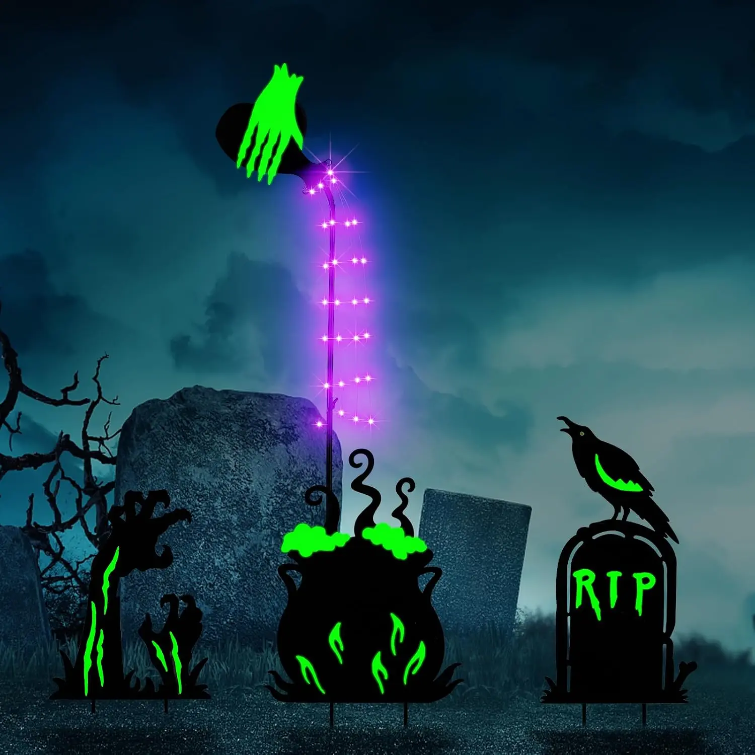 BRIGHTDECK 3 Pcs Halloween Witch Yard Signs Metal Stakes Outdoor Decoration | Scary Potions Ghost Hand Tombstone, Glow in the Dark, Waterproof Fluorescent, for Patio Lawn Garden Graveyard Party Decor