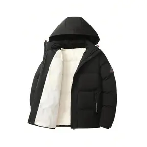 Men'S Fashionable Black Puffer Jacket, Warm Winter Coat with Hood, Casual Long Sleeve Pullover with Pockets, Polyester Outerwear for City Walks and Outdoor Activities