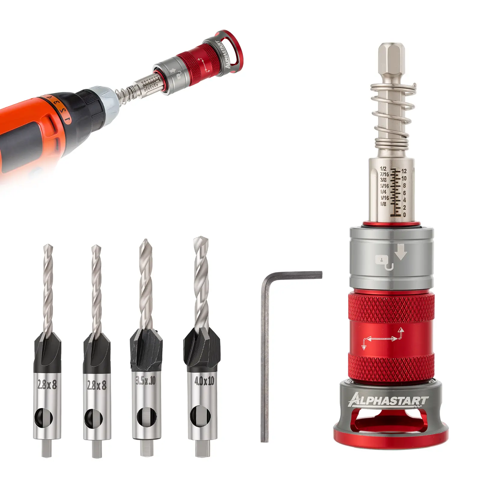 ALPHASTART 4PCS HCS Smooth Countersink Drill Bit Set - 4-Blade M2 HSS Steel, Adjustable Depth Stop, L-Shape Wrench, 82° US Standard, Precision Power Tool Accessories for Wood, Plastic Drilling Projects