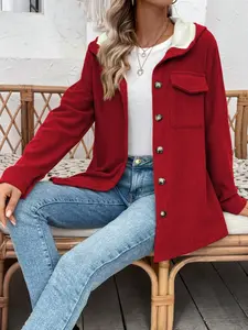 1 piece of one-piece solid-color button-up hooded jacket, with a thermal layer inside, suitable for wearing in autumn and winter, with a casual style Outerwear