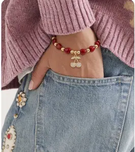 18K Gold Filled Red Beaded Bracelet with Cherry charm, adjustable