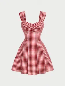 Red & White Plaid Backless Bow Mini Dress for Women, Picnic Summer Valentine Outfit