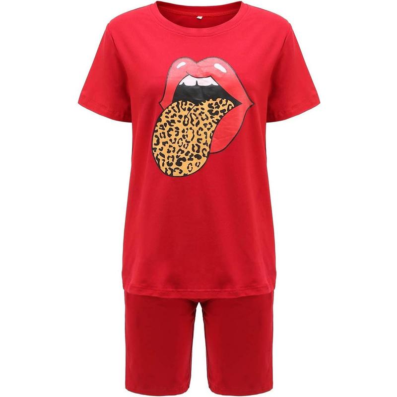 Womens 2 Pieces Sports Outfit Tracksuit Sequin Lips&Butterfly Print Top and Short Pants with Pocket Sweatsuit Set Tie Dye High Waist Sports Shorts Set