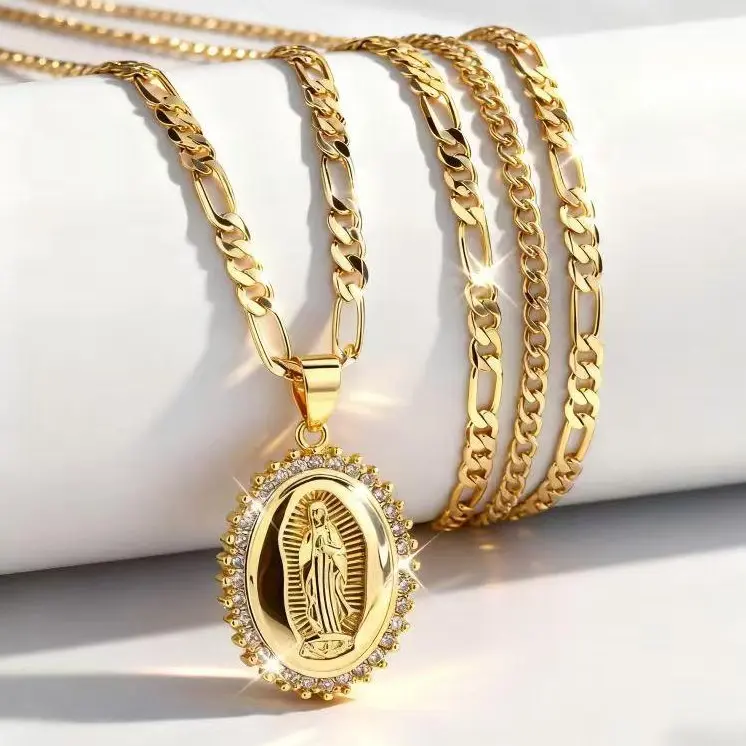 14K Gold Plated Virgin of Guadalupe Pendant Necklace with Durable Cubic Zirconia for Daily Wear Parties and Special Occasions