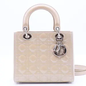 Pre-owned Dior Leather Top Handle Bag  Beige Cannage Patent Medium Lady Dior