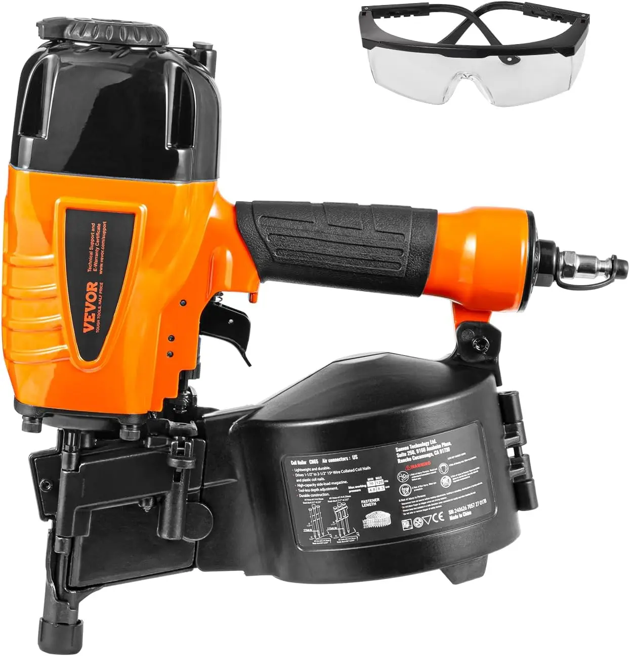 VEVOR Coil Siding Nailer CN65, 1-1/4" to 2-1/2" 15 Degree Pneumatic Siding Nail Gun with Tool-Less Depth Adjustment, 70-120PSI Air Coil Nailer for Siding, Pallet Sheathing, Wooding, Fencing, Decking