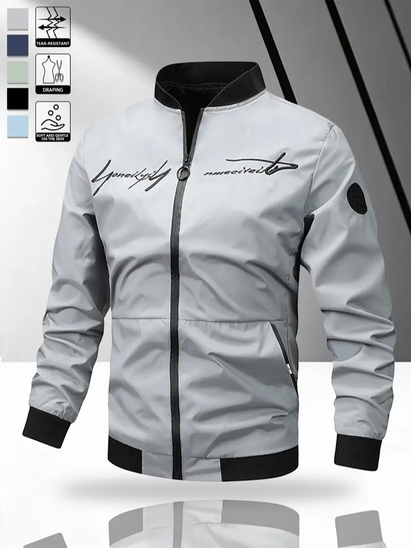 Men’s letter print bomber jacket with contrast ribbed collar and cuffs, zip-up casual coat, Y2K American street style hip hop fashion outerwear for daily streetwear, dating, and parties, fall/winter outfits, available in 5 colors, Trending, Polyester Clot