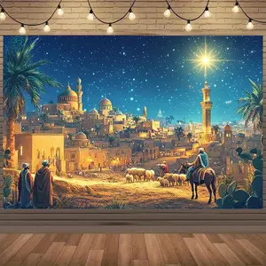 Summervibes 1pc Nativity Scene Wall Hanging Backdrop-Banner, Starry Sky Bethlehem Cityscape Christmas Party Decorations Banner with Mary, Joseph, Shepherds, Lightweight Polyester Indoor Backdrops, No Electricity Needed for Church, Home